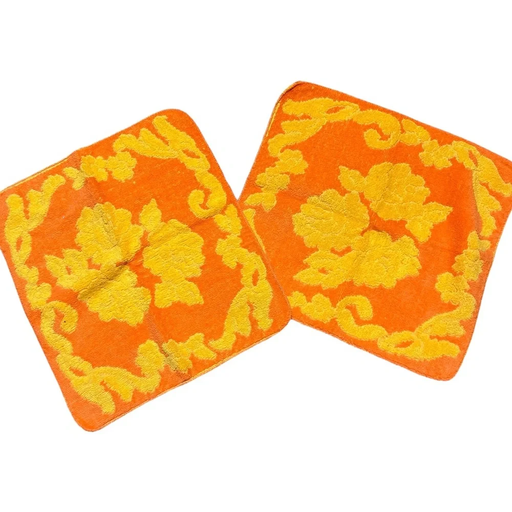 Vintage 70s 60s Monticello Mod MCM Sculpted Yellow Orange Hand Wash Towel Set 2